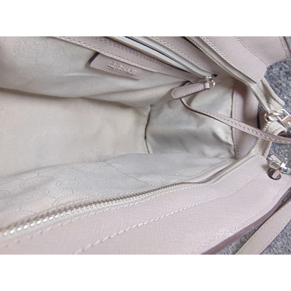 Michael Kors Selma Studded Satchel Bag Tan Beige Saffiano Leather Crossbody
